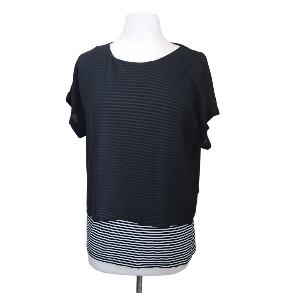 Chico's Layered Blouse Women Size 1‎ M 8 Black White Stripe Black Chiffon Sheer